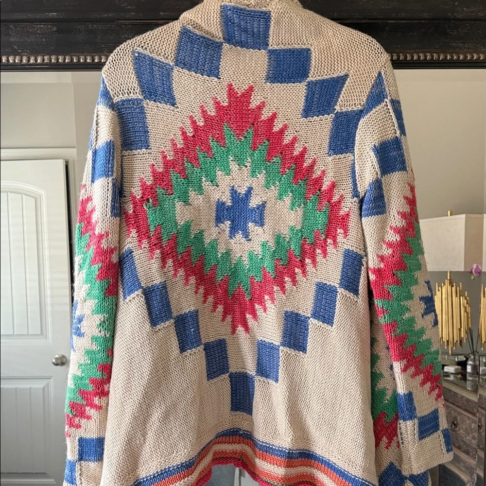 Ralph Lauren Cream Knit Throw with Blue, Green & Coral Geometric Accents